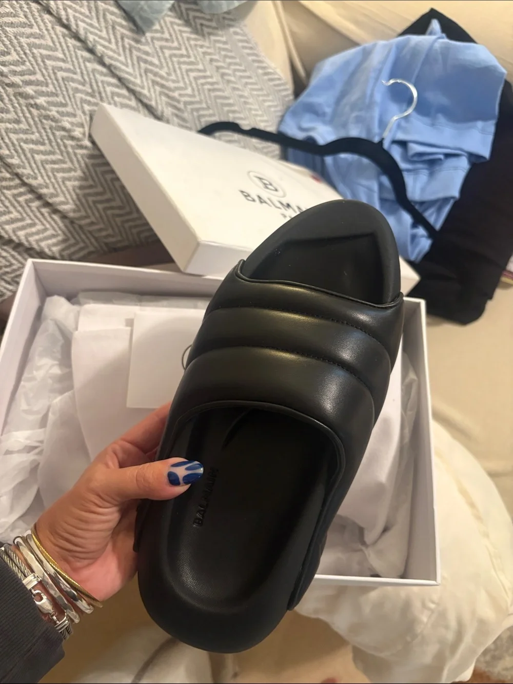 Balmain Black Leather Quilted Slip-On nwt